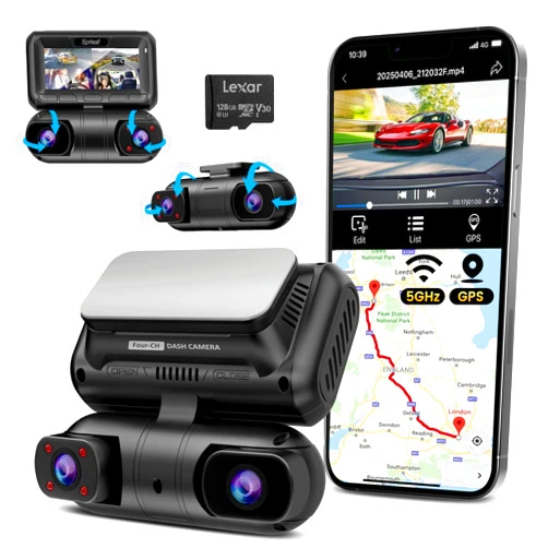 SPRLEAF 4 Channel Dash Cam with Front Cabin Rear Cabin Cameras, 360 Degree View Dash Camera for Cars, Built-in GPS, 5GHz WiFi, IR Night Vision, 24H Parking Monitor, G-Sensor, Free 128GB Card, 1080P*4