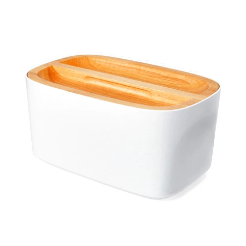 Sonder Los Angeles, Modern Bamboo Fiber (White) Bread Box for Kitchen Countertop with Reversible Wood Serving Lid, Homemade Bread Storage 14.25 x 9.25 x 7in, Storage Bin and Bread Container