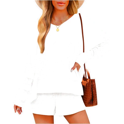 ZESICA Women's Two Piece Floral Lounge Sets 2024 Fall Long Sleeve Top and Shorts Beach Wear Outfits