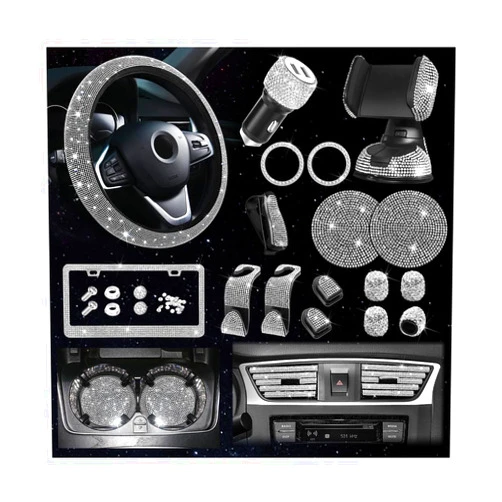 Osilly 27PCS Bling Car Accessories Set for Women, 15 Inch Reinestone Crystal Steering Wheel Covers License Plate Frame USB Charger Phone Holder Coasters, Vehicle Decorations, Universal Fit（White）