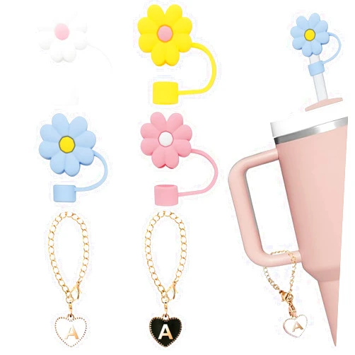 BOTIZR 2PCS Letter Charm Accessories for Stanley Cup, 4PCS 10mm Cute Flower Silicone Straw Toppers for Tumblers, Heart Shape Initial Identification Charms flower straw cover for 30&40 Oz Stanley Cups