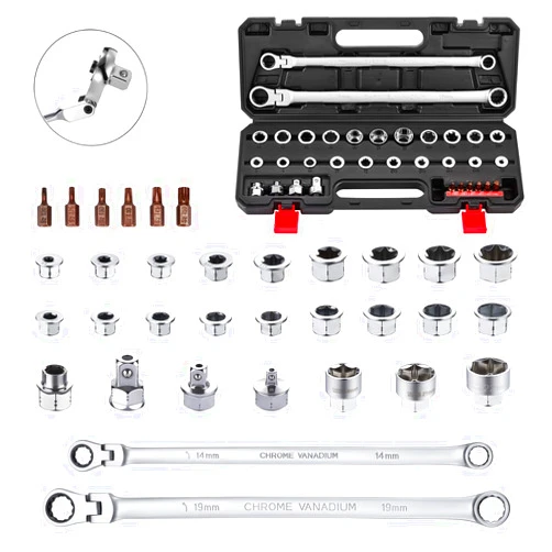 AKM TOOL 33 PCS Flex Head Ratcheting Wrench Set, Metric | 72-Tooth | 8-22mm | Extra Long Double Box End Ratchet Wrench Flex Head Wrench Set with Torx Bit