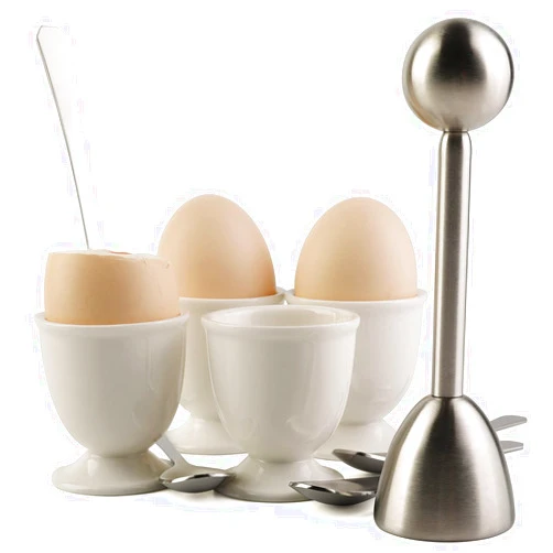 Forkmannie Egg Cracker Topper Set for Soft Hard Boiled Eggs Shell Removal Includes 1 Egg Cutter 4 Ceramic Egg Cups and 4 Spoons
