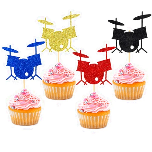 BoningNEW 24 PCS Glitter Silhouette Drum Stand Cupcake Toppers Percussion Picks for Rock Band Party Concert Music Theme Party Wedding Birthday Party Cake Decorations Supplies(Gold Black Red Blue)