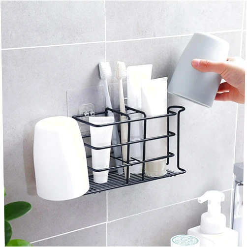 UOIXPUHUO Toothbrush Holders for Bathroom, Electric Toothbrush Holder Wall Mounted Shower Toothpaste Holder with Drainage, Black Metal Tooth Brushing Holder with 5 Slots and 2 Cup Holder, Black