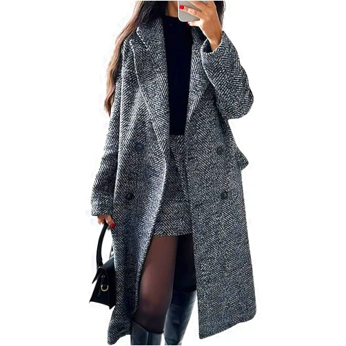 chouyatou Women's Winter Casual Herringbone Wool Coat Double Breasted Notch Collar Dressy Long Trench Coat