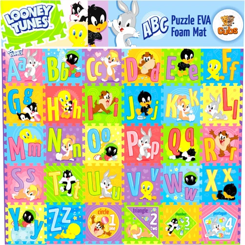 KC Cubs Looney Tunes ABC, Numbers & Shapes EVA Foam Puzzle Mat Non-Toxic Play Mat for Tummy Time, Kids Preschool & Nursery - 36 Tiles, 12x12”, 24 Borders - Educational Playmat for Toddlers & Children, KC Cubs