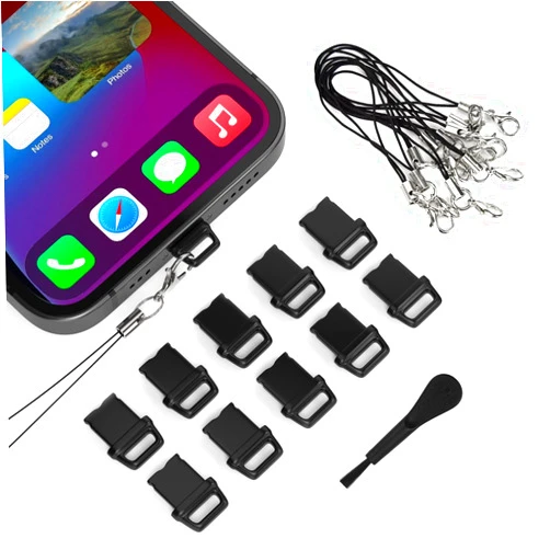 ImComor 10Pack iPhone 14 13 Anti Dust Plug, iPhone Lightning Charging Port Dust Cover with Easy Grip Tab, Lanyard & Cleaning Brush Compatible with iPhone 14 13 12 11 X 8 7 Plus Pro Max iPad AirPods, Black
