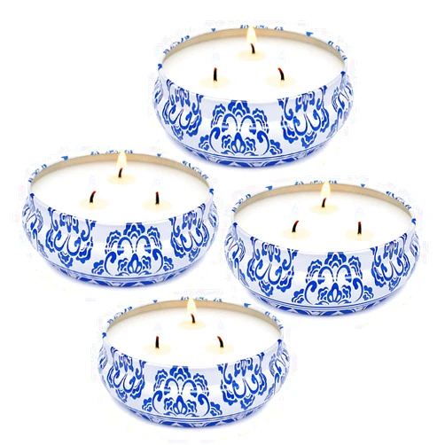 Abarli Citronella Candles Outdoor 3-Wicks Natural Soy Wax 5.0oz Candles for Patio, Set of 4, Blue and White, Citronella Candle, 4 x 5.0oz