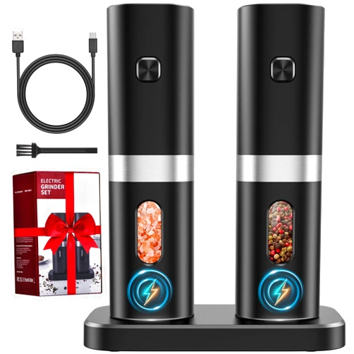 COSYAIREY Electric Salt and Pepper Grinder Set, 2024 New Rechargeable Salt and Pepper Mill with 4*Rechargeable Batteries, Charging Base, White Light, One Hand Automatic Operation, Black, 2Pack
