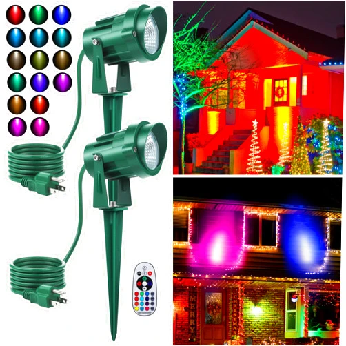 Fovths 2 Pack Christmas Spotlight 12W RGBW Outdoor Landscape Lights Spot Light with Remote Control IP65 Waterproof 120V Lights 16 Color Changing for Xmas Garden Path Yard Decor