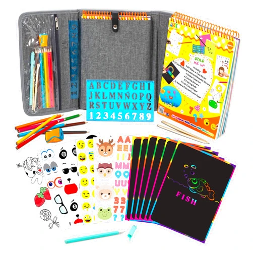 Art with smile Activity Book for Girls and Boys - Premium Case Includes Large 60-page - 420 Stickers, Rainbow Scratch Papers, Reusable Stickers, Coloring Pencils, Numbers and Letters Stencil - Educational Toys Gift