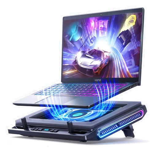 llano V10 Gaming Laptop Cooler, RGB Laptop Cooling Pad Stand with Powerful 4.72 Inch External Turbo Cooling Fan, Fast Cooling Computer 13-17.3inch, 3 Adjustable Stand, 4-Port USB C&A (Black)