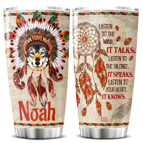 KOIXA Custom Name Tumbler Listen To The Wind It Talks Cup 20 Oz Dream Catcher Native American Gift For Women Dreamcatcher Stainless Steel Coffee Mug Wild Animal Wolf Lover Gifts
