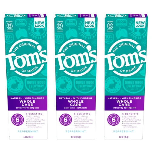 Tom's of Maine Whole Care Natural Toothpaste with Fluoride, Peppermint, 4 oz. 3-Pack (Packaging May Vary)