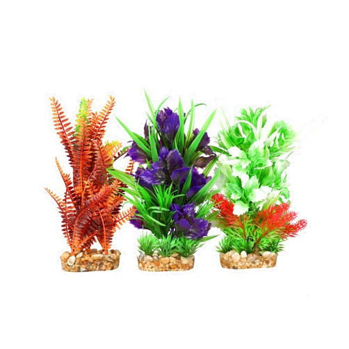 CNZ® 3 Pcs Assorted Lifelike Aquarium Plastic Plant Decoration with Gravel Base, 8-inch