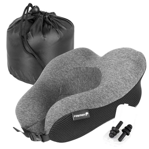 Fosmon Travel Neck Pillow with Earplugs & Storage Bag, Soft and Comfortable Memory Foam Cushion, Head & Chin Contour Support, Machine Washable 100% Cotton Cover for Traveling Flying Airplane Car Bus