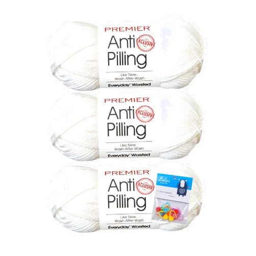 Bella's Crafts Premier Yarns Everyday Soft Worsted Anti-Pilling Yarn - 3.5 Oz - #4 Medium Weight - 3 Pack Bundle with Bella's Crafts Stitch Markers (Snow White)