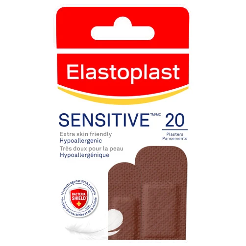 Elastoplast Sensitive Hypoallergenic Dark Skin Tone Plasters (20 Pieces), Painless Removal, Breathable Fabric, 19g, Large, 1 Count