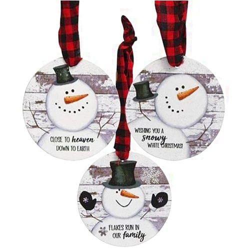 CWI Set of 3 Snowman Shiplap Style Christmas Wood Ornaments - Close to Heaven Down to Earth - Wishing You a Snowy White Christmas - Flakes Run in Our Family - Buffalo Checked Hanger