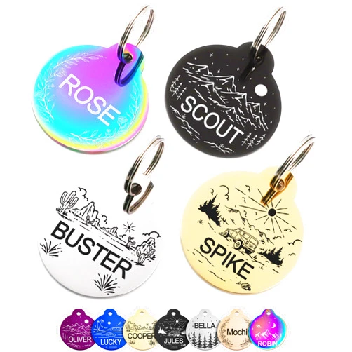 GoTags Stainless Steel Pet ID Tags, Personalized Dog Tags and Cat Tags, up to 5 Lines of Custom Text, Collar Charm Engraved on Both Sides with Designs in Silver, Gold, Black and More (Round, Small)