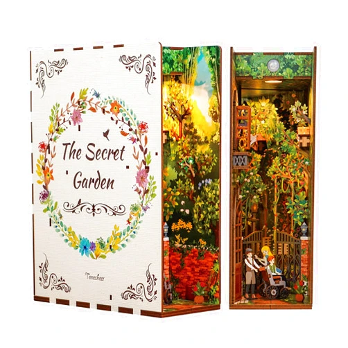 Tonecheer DIY Book Nook Kit for Adults,3D Wooden Puzzle Bookend Bookshelf Insert Library Decor, Booknook Miniature House Kit with Body Motion Sensor LED Light (The Secret Garden)