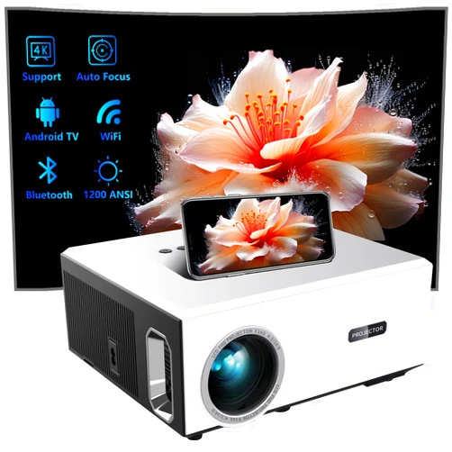 ABOOLON [Android TV/Auto Focus] ABoolon 4K+ Projector with Wifi and Bluetooth,1200ASIN Outdoor Movie Projector Supoort 4K Built-in NETFLIX/Prime Video/YouTube,500inch,Compatible w/TV Stick,win,iOS,Android