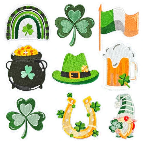 TACVEL 9Pcs St. Patrick's Day Iron on Patches, Irish Clover Lucky Shamrock Sew on/Iron on Embroidered Patches for Hats Backpacks Socks Shirt Jackets DIY Decoration