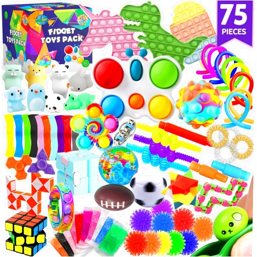 Stashables 75 pcs Fidget Toys Kids Pack - Pinata Stuffers, Party Favors, Classroom Stress Relief Prizes - Treasure Chest Goodie Bag Rewards with Pop its for Autistic ADHD - Autism Bulk Fidgets Box Gifts for Kids