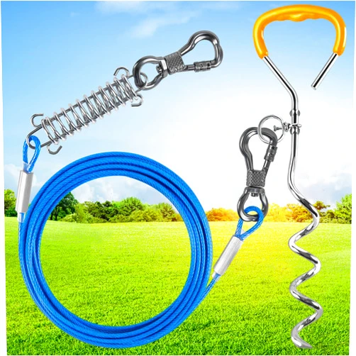 XiaZ Dog Tie Out Cable and Stake, 30 FT Dog Leash with Swivel Hook and Shock Absorbing Spring, Dog Lead for Yard Outdoor and Camping for Small to Medium Pets Up to 60 LBS