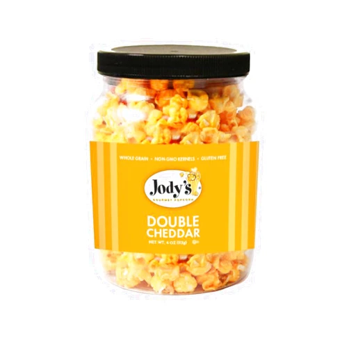 Jody's Gourmet Popcorn Round Jar Double Cheddar, 4 Ounce. Delicious, Cheesy, Finger Licking Good Popcorn. Gluten-Free, Kosher Certified, Made with Non-GMO Popcorn Kernels, Made in USA