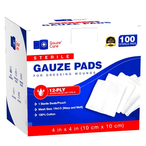 Gauze Care 100pc Large Sterile Gauze Pads 4x4 Sterile for Wounds Bulk - 12ply Woven Gauze Sponges 4x4 Sterile - USP IV Breathable Mesh 4x4 Gauze Pads Sterile for Enhanced Absorption - First Aid Medical