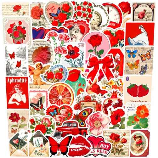 ZUIYIJIANGNAN Red Aesthetic Stickers 50Pcs Valentine's Day Cool Retro Aesthetic Stickers for Water Bottle Funny Waterproof Stickers for Teens Adults Vinyl Stickers for Laptop Skateboard Party Supplies