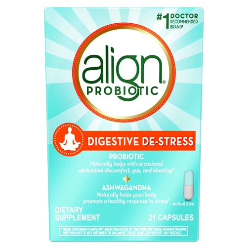 Align Probiotic, Digestive De-stress, Probiotic for Women and Men with Ashwagandha, Helps with a Healthy Response to Stress, Gluten Free, Soy Free, Vegetarian, 21 Capsules