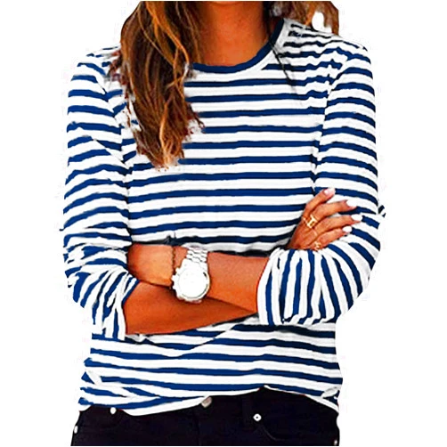 Uorcsa Striped Shirt Women Crew Neck Long Sleeve Tshirts Fall Tops Dressy Casual Blouses Comfort Basic Tee Tops 2024 Clothes