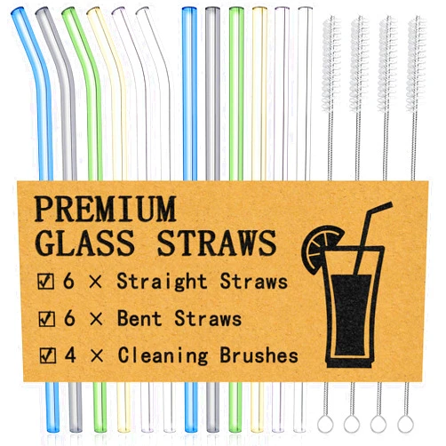 Piteno® 16-Pack Reusable Glass Drinking Straws, 8.5''x10MM, Set of 6 Straight and 6 Bent with 4 Cleaning Brushes, Perfect for Smoothies, Milkshakes, Juice, Tea (Rainbow)