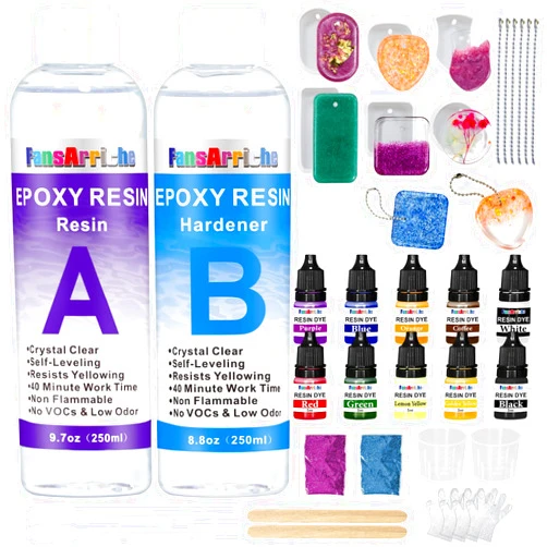 FansArriche Epoxy Resin Kit, 18.5 Oz Crystal Clear Resin Kits for Beginners, Resin and Hardener Starter Kit with Pigment, Glitter, Key Chains, Moulds for Casting Art DIY Craft, Jewelry Making Kit