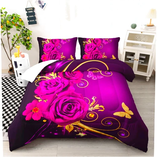 Ntlfup Rose Comforter Set Queen Size, Pink and Gold Floral Butterfly Bedding Set, Romantic Rose Flower Comforter Set with 2 Pillowcases