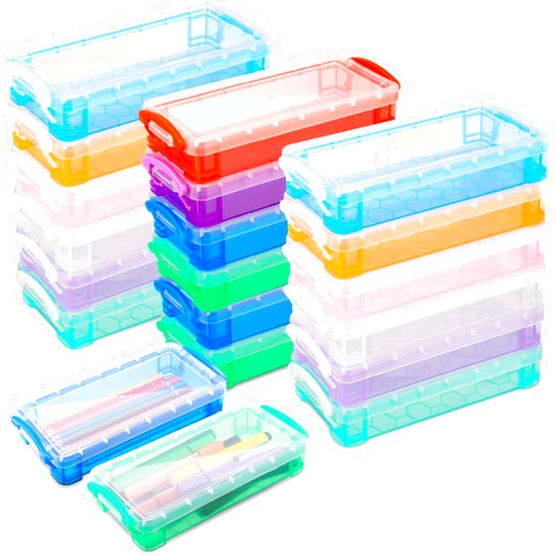Gueevin 24 Pcs Large Capacity Plastic Pencil Box Clear Plastic Pencil Case Crayon Box with Snap Tight Lid Watercolor Pen Storage Brush Pencil Box Organizer Drawing Tools Container (Fresh Color)