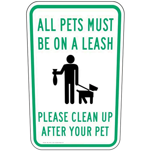 ComplianceSigns.com All Pets Must Be On A Leash Please Clean Up After Your Pet Reflective Sign, White Reflective, 18x12 inch on 80 mil Aluminum