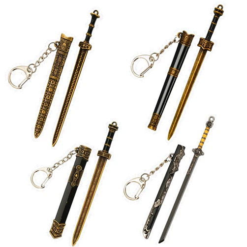 Syihah 4 Pcs Mini Katana Keychain Chinese Ancient Mini Sword Keychain Metal Katana Toy Model with Pull Out Mini Sword Shaped Letter Parcel Opener Sword Ornaments