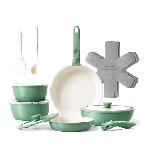 Redchef 16pcs Ceramic Pots and Pans Set Non Stick, Nonstick Ceramic Cookware Set with Detachable Handle, Non Toxic, PFAS PFOA & PTFE Free RV Cookware for Camping, Dishwasher/Oven Safe (Green)