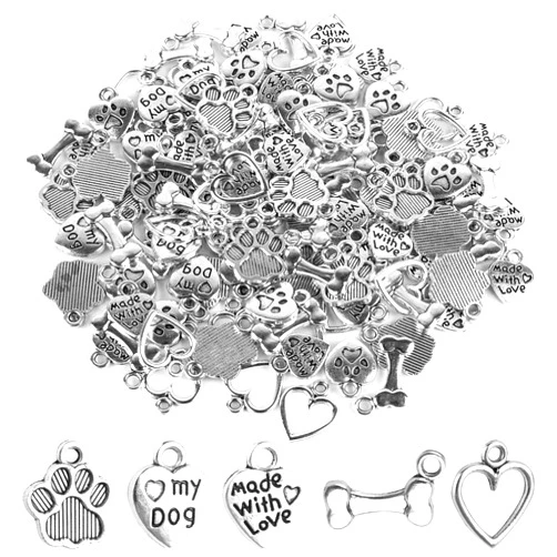 Framendino, 120 Pack Alloy Dog Paw Pendant Charms Dog Bone Heart Love My Dog Paw Print Bead Animal Metal Puppy Footprint Findings for Jewelry Making Pet Lover (Silver)