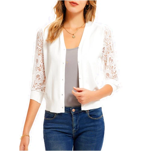 GRACE KARIN Women's Summer Cardigan Lightweight V Neck Lace 3/4 Sleeve Button Front Sweaters