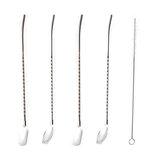 OULIGET Stainless Steel Straws Spoons,Iced Tea Spoon With Straw Handle For Drinking,Reusable Metal Cocktail Spoons Straws with Long Cleaning Brush For Mixing and Stirring,4 Pieces