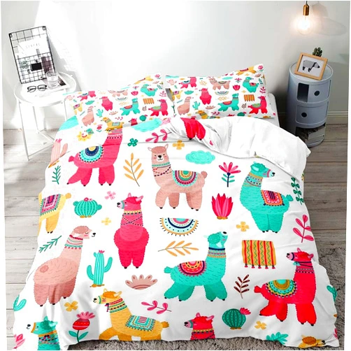 LUVIVIHOME 2PCS Teal Pink Llama Duvet Cover, Twin Bedding Sets, Alpaca Bedding, White Duvet Cover, Baby Girls Boys Toddler Kids Bedding, Cartoon Animal Comforter Bedspread Quilt Cover, 1 Pillow Sham