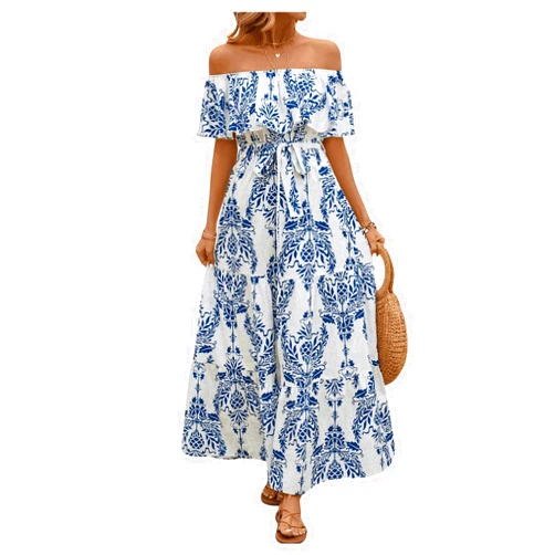 MakeMeChic Women's Boho Floral High Waist A Line Waist Dress Off Shoulder Ruffle Hem Belted Maxi Dress