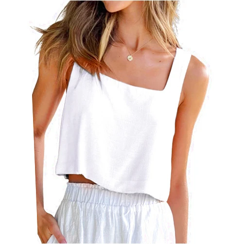 IDEALSANXUN Linen Crop Tank Tops for Women Summer Sleeveless Casual Cute Square Neck Tank Tops
