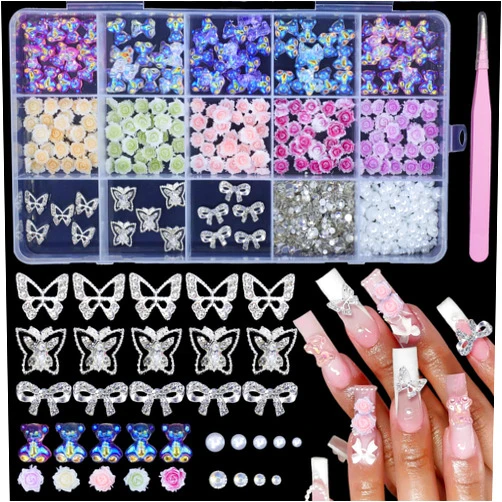 Anower Assorted 3D Nail Charms Gems, Alloy Butterfly Bows Nail Gems+Color Mixed Camellia Rose Flower Nail Charms, Gummy Bear Candy Nail Charms Mix Size AB Rhinestones Nail Gems Pearls for Nail Art DIY