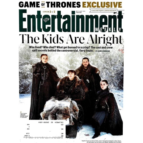 By Entertainment WEEKLY Magazine (Author) Entertainment WEEKLY Magazine May 31, June 7, 2019, SOPHIE TURNER, ISAAC HEMPSTEAD WRIGHT, KIT HARRINGTON & MAISE WILLIAMS Cover